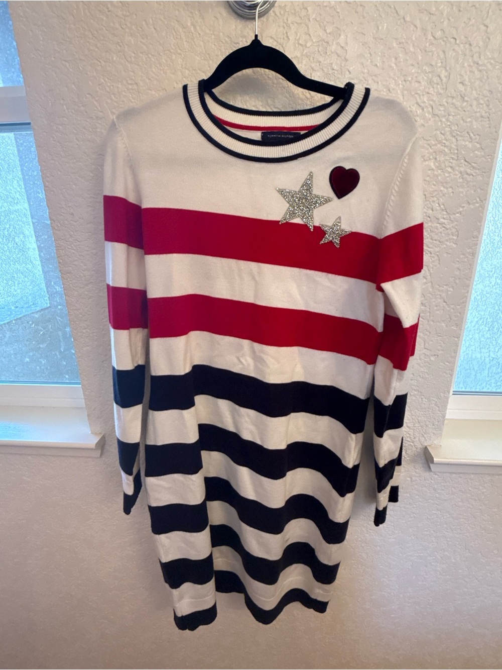 Tommy Hilfiger Red White Navy Striped Midi Dress with Star & Heart Accents S:Med